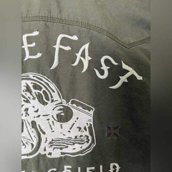 Howe Army Green Embroidered Bikercore Shirt Jacket Size Medium Bakersfield Cali - Picture 6 of 12